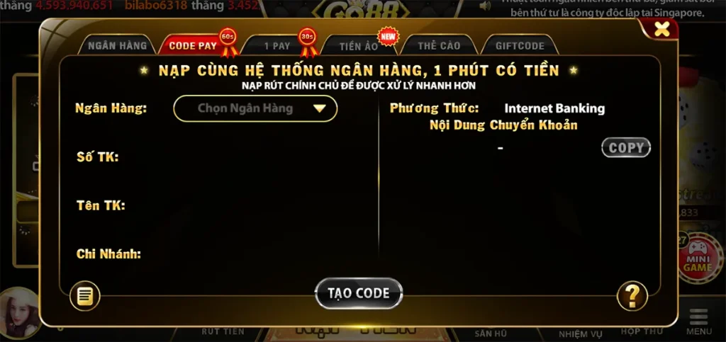 Nạp rút tiền tại cổng game bài đổi thưởng uy tín go88 hoàn toàn miễn phí