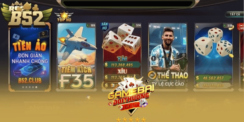 Giao diện của các cổng game bài đổi thưởng hàng đầu như Go88, Sunwin và B52 Club.